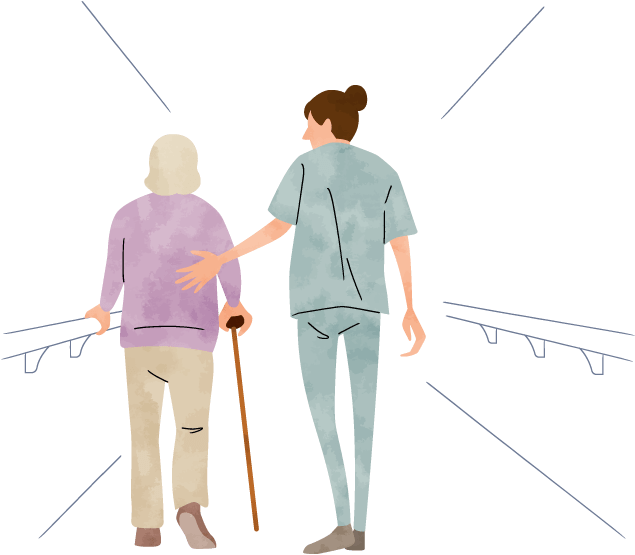 illustration of nurse walking with elderly woman